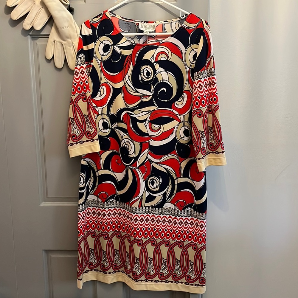 Size 14 Julian Taylor dress. Burnt orange, blue, and cream.